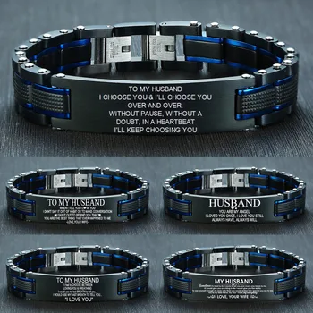 

Vnox Custom TO HUSBAND Bracelets for Men Qualified Black Stainless Steel Heavy Chunky Wristband Personalized Gift for Him