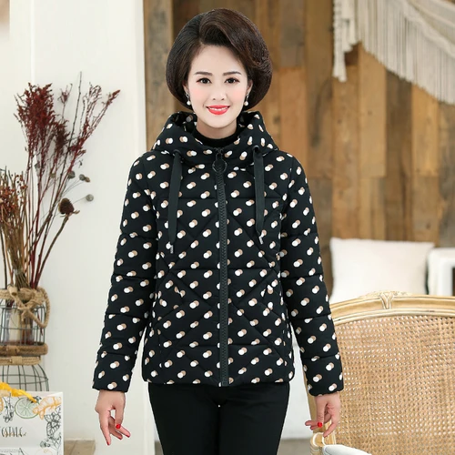 Women's Pikes dot hooded mother winter coat temperament down cotton padded middle and old aged cotton women's winter jacket - Цвет: 2
