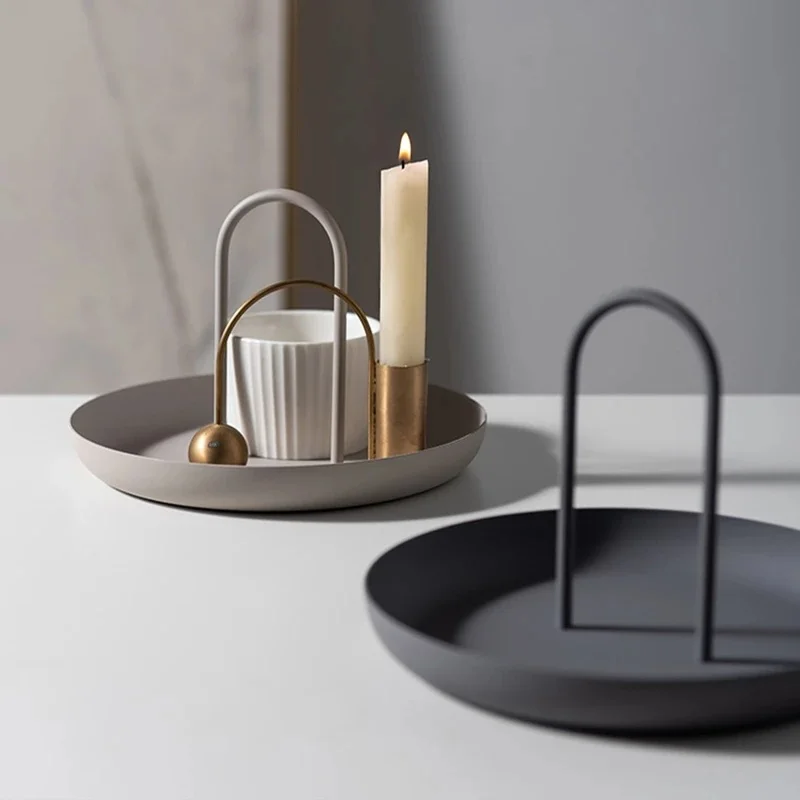 

Nordic Desktop Storage Tray Round Jewelry Trays Kitchen Table Fruit Dessert Snack Storage Sundries Plate with Handle Home Decor