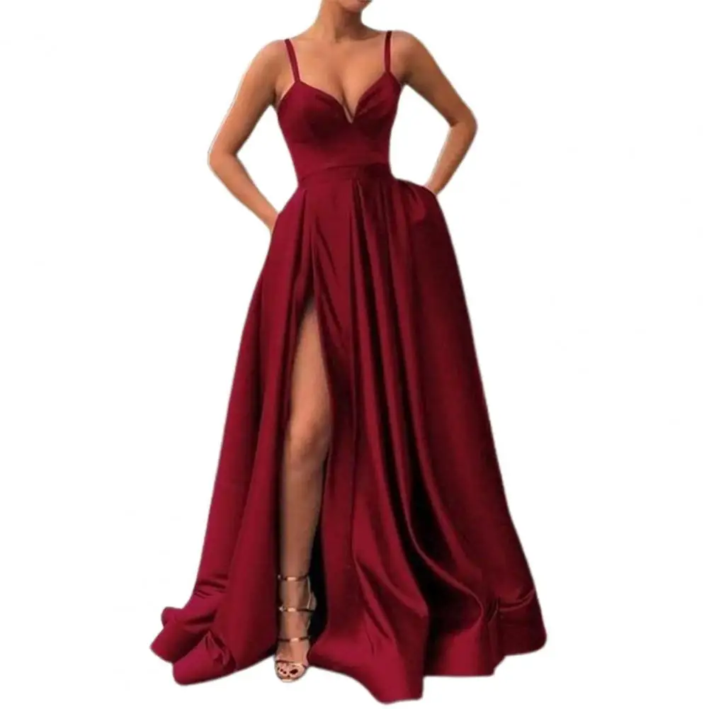 Party Dress for Wedding Women Elegant Side Slit A-Line Satin Sleeveless Spaghetti Straps Banquet Maxi Dress Wedding