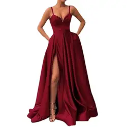 Party Dress for Wedding Women Elegant Side Slit A-Line Satin Sleeveless Spaghetti Straps Banquet Maxi Dress Wedding