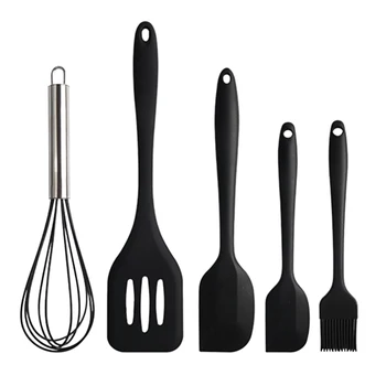 

5pcs Cream Scraper Hanging Kitchen Tools Set Home Non-stick Leaky Shovel Heat Resistant Black Silicone BBQ Brush Restaurant