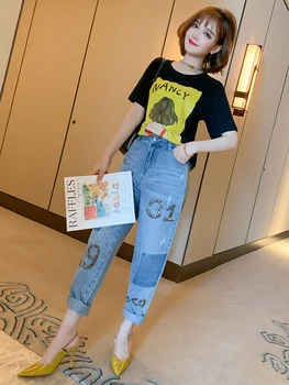 

Fashion Hand-Painted Printing Short-Sleeved T-shirt + Tube Beads Digital Contrasting Color Jeans Suit Women's Summer New Style