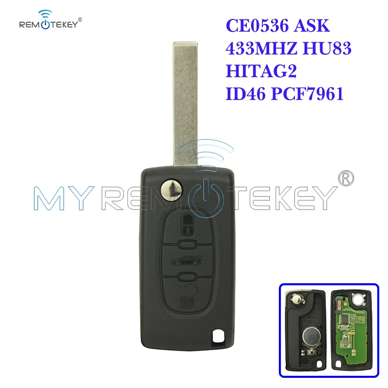 Remtekey CE0536 FSK Models Flip Remote Car Key 3 Button Middle Trunk 434mhz HU83 Profile For Peugeot Citroen C3 C4 C5 Key