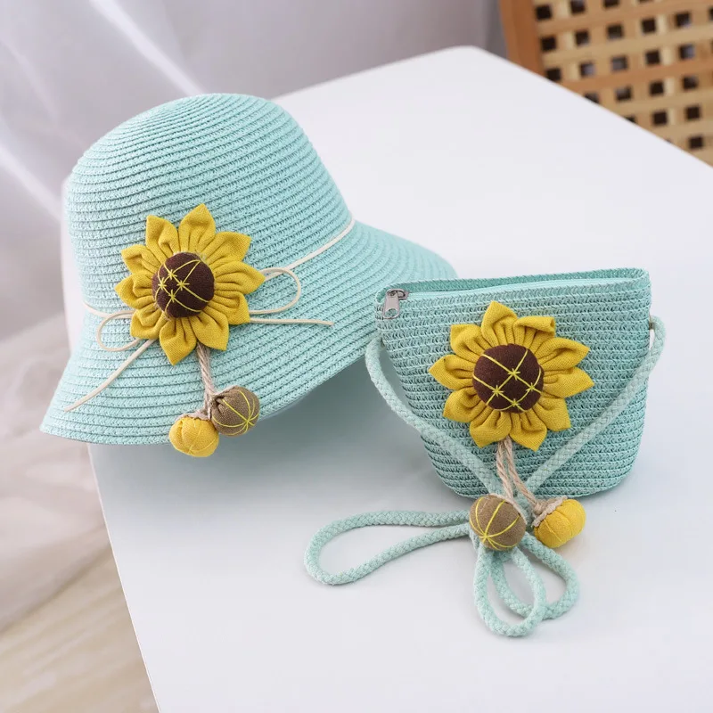 

Rattan grass knitting Parent-child floral sunbonnet kids straw sunhat women fisherman hat girls sun-shade chapeau summer cap bag