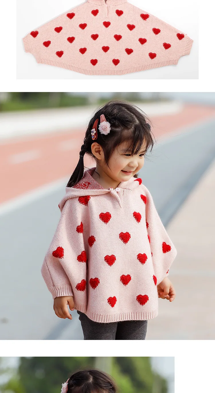 1-4Years Girl Sweater Coat Winter Jacquard Small Love Figure Hooded Cute Girl Knitted Outerwear Kids Warm Cloak Coat