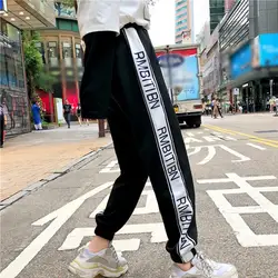 Корейский стиль, высокая талия, тонкие брюки длиной до щиколотки для женщин, свободные повседневные брюки с буквенным принтом, гарем карго