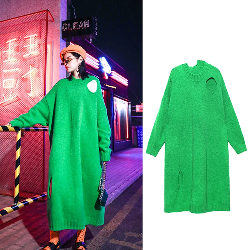 [EAM] Women Hollow Out Big Size Knitted Dress New Round Neck Long Sleeve Loose Fit Fashion Tide Spring Autumn 19A-a400