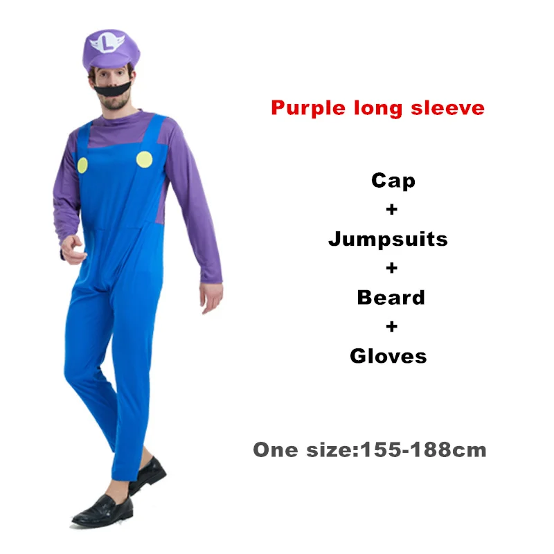 Взрослый Хэллоуин Супер Марио Детский костюм косплей семья Funy Luigi Bros сантехник Пурим костюм нарядное платье Рождественские Вечерние - Цвет: Purple long sleeve