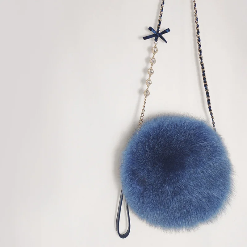 Blue Bow Chain Осень-зима, новая сумка из лисьего меха, маленькая круглая сумка с помпоном, настоящая меховая сумка, круговой шарик для волос, сумки через плечо - Цвет: Blue Bow Chain