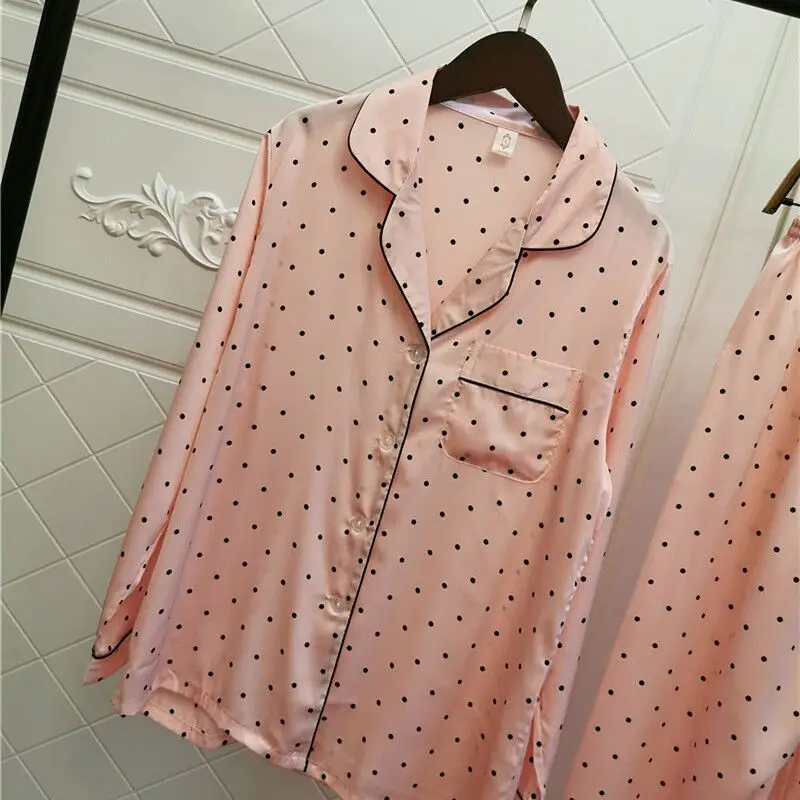 Women Pajamas Elegant Silk Satin 2 Piece Pyjamas Set Spring Long Sleeve Sleepwear Lounge Pyjamas Ladies Polka Dot Lovely Pajama