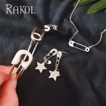 

RAKOL Newest Fashion Micro Pave Pins Shape Cubic Zirconia Cuff Bangle & Open Ring Set For Women Men Jewelry Bijoux RS31766