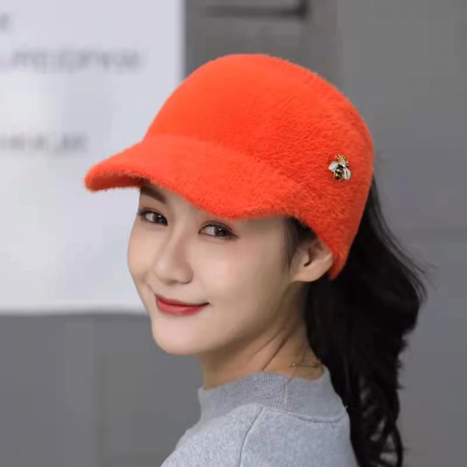 

EmptyTop Spring Autumn Hat sweet Imitation Mink Knitted Outdoor Running Cap Girl College Sunscreen Bee Students Orange