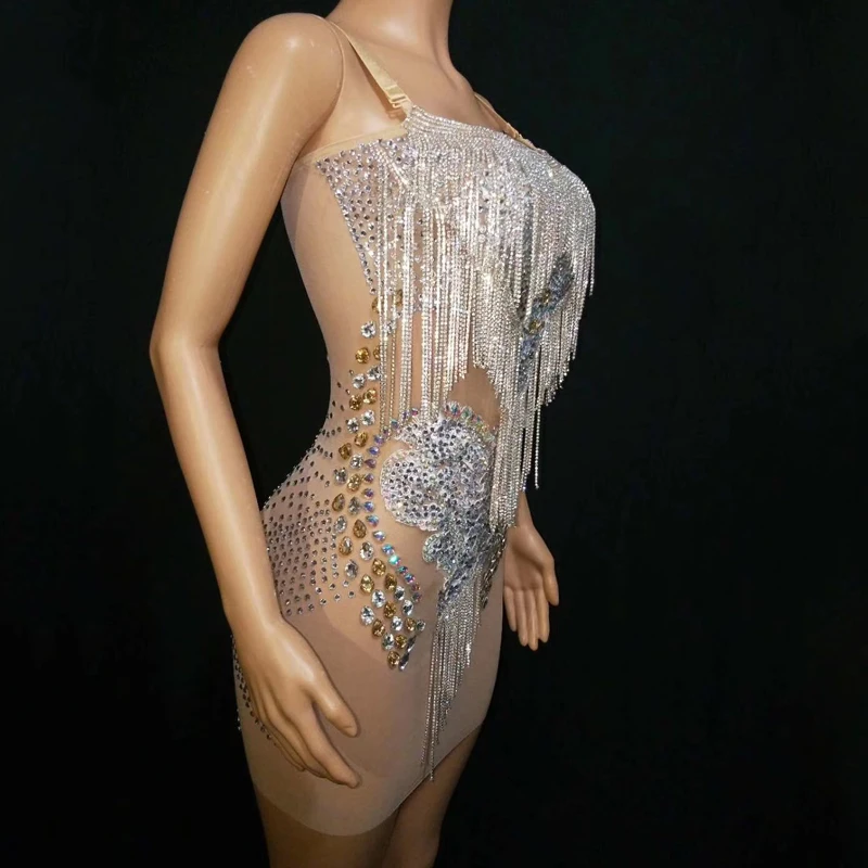 Sparkly Tassel Rhinestones Costume Festival Celebrate Dress Bar Evening Female Dancer Silver Fringe Dress Rave Outfit DT1359