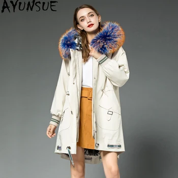 Online AYUNSUE 2020 Winter Mantel Frauen Kaninchen Pelz Liner Warme Parka Echtpelz Mantel Weibliche WaschbÀren Pelz Kragen Koreanische Lange Jacke MY4569