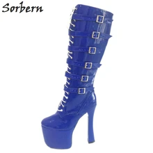 Sorbern, синие сапоги до колена, женская обувь на платформе 20 см, Новое поступление года, высокие каблуки, размер 45, квадратные носки, разноцветные ботиночки