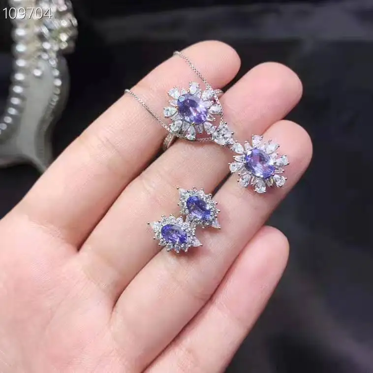 Natural Tanzanite 925 Silver Jewelry Set Women Fine Jewelry 5x7mm,4x6mm