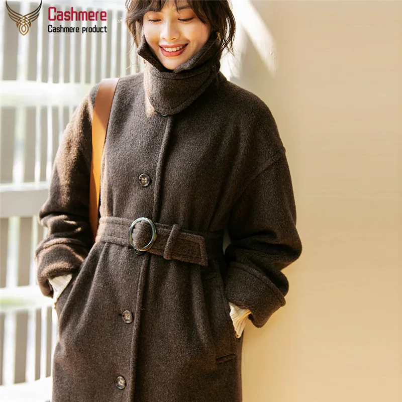 

Thick wool coat female 2019 autumn and winter new belt with llama cashmere slim casual long wool warm coat coat female