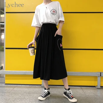 

Lychee Harajuku Ladies Heart Embroidery Skirt with Pocket Korean Black Irregular Skirt Female Summer Women Elastic Waist Skirts