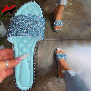 

NAN JIU MOUNTAIN 2020 Women's Summer Slippers Flat Sandals Outdoor Beach Shoes Rhinestones Bling Open Toe Fashion Plus Size 43
