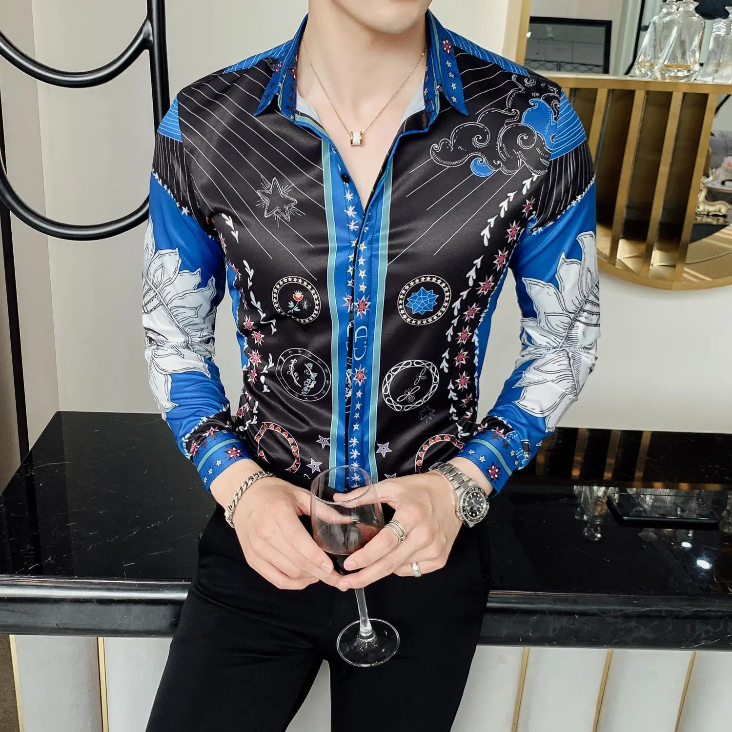 Новая мужская рубашка Camisa Social Masculina с длинным рукавом мужские рубашки Высокое качество полная печать Slim Fit повседневные мужские рубашки - Цвет: 2313  BLACK