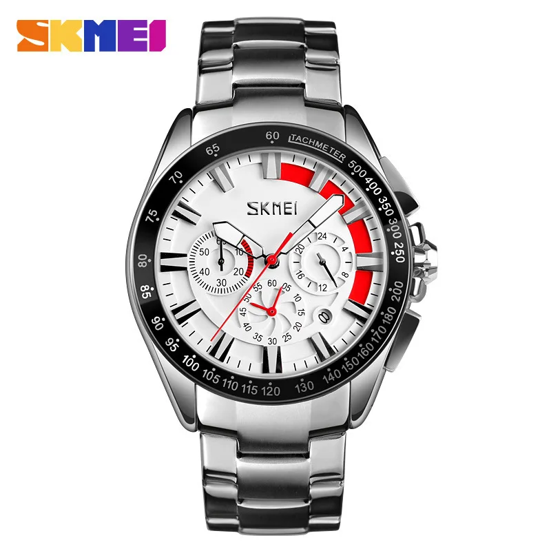 

Skmei 9167 Men Quartz Steel Belt Watch Automatic Date Three Small Plate