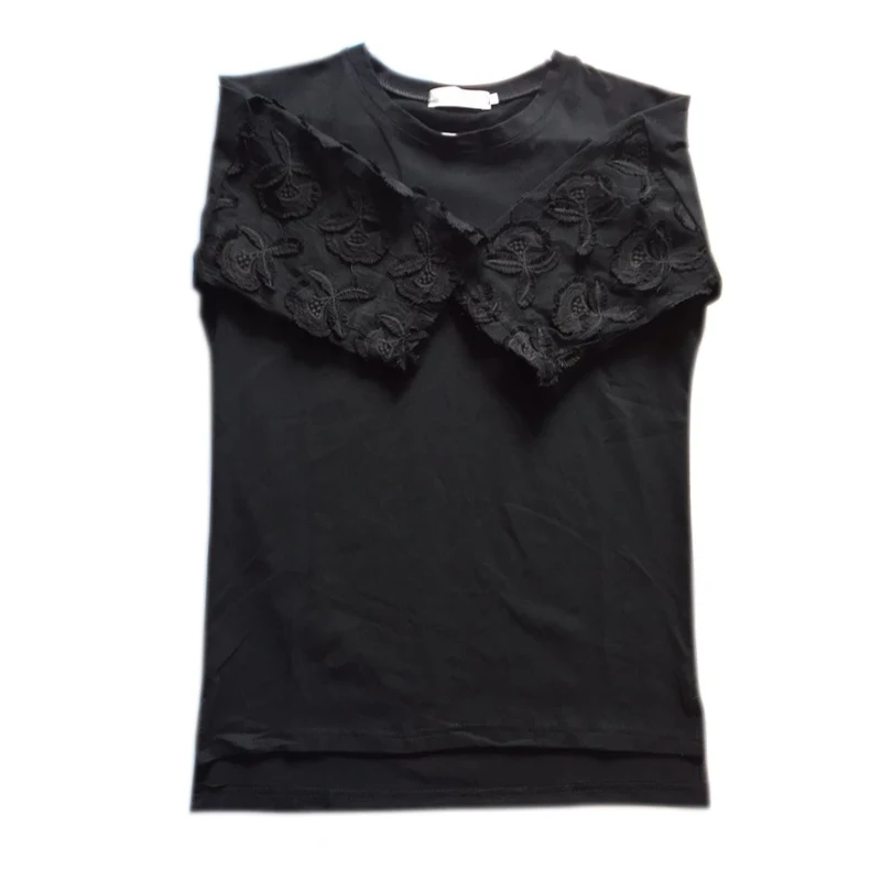 Black Pop Women Autumn T-shirts 3/5 Sleeves Loose Slim Fit Lace Round Neck Jacquard Weave Pop 88 - Color: Black