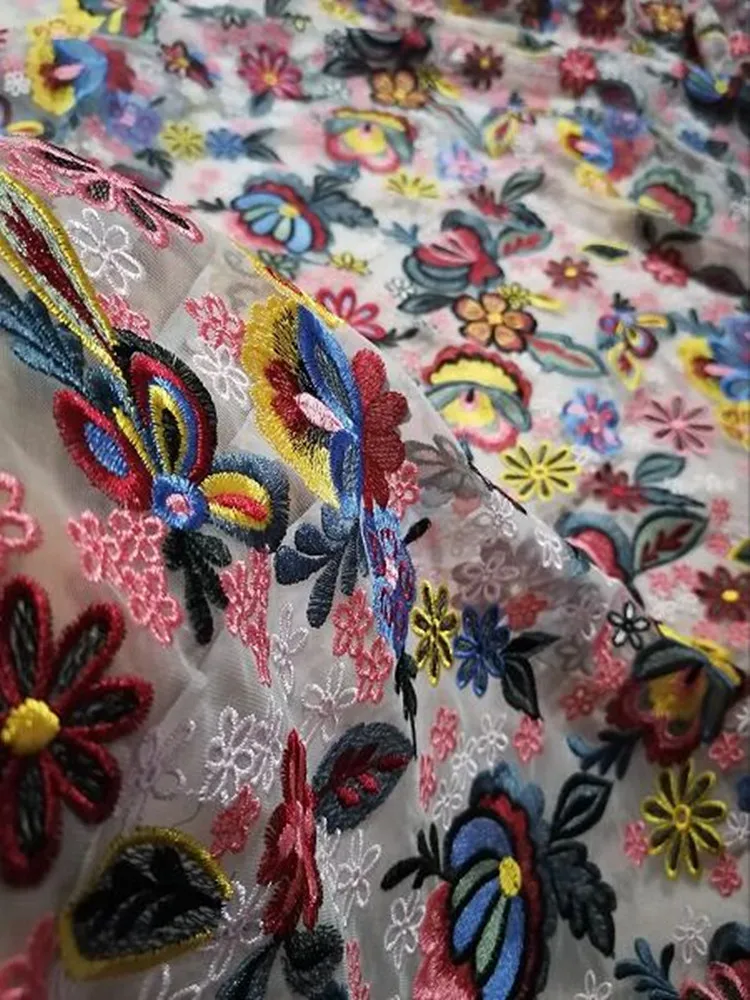 Nicely multicolor thread flat embroidery French mesh bottom embroidery African lace ethnic style is high-end dress evening dress