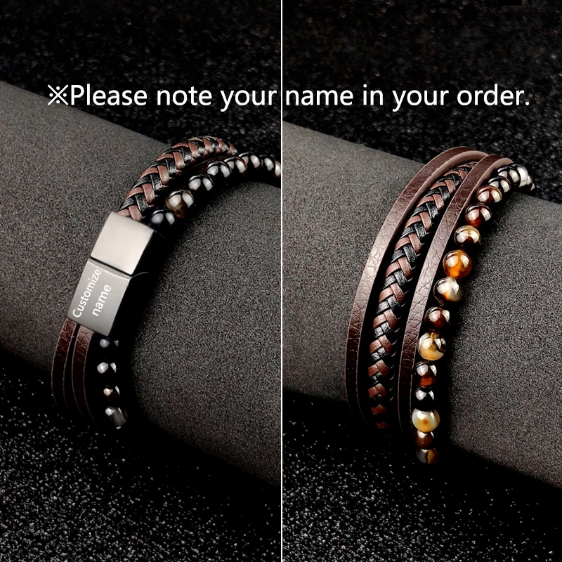 Boho Jewelry Beads Leather Charm Bracelet for Men Women Stainless Steel Natural Stone Rosary love Bracelet Bangle Gift Wholesal