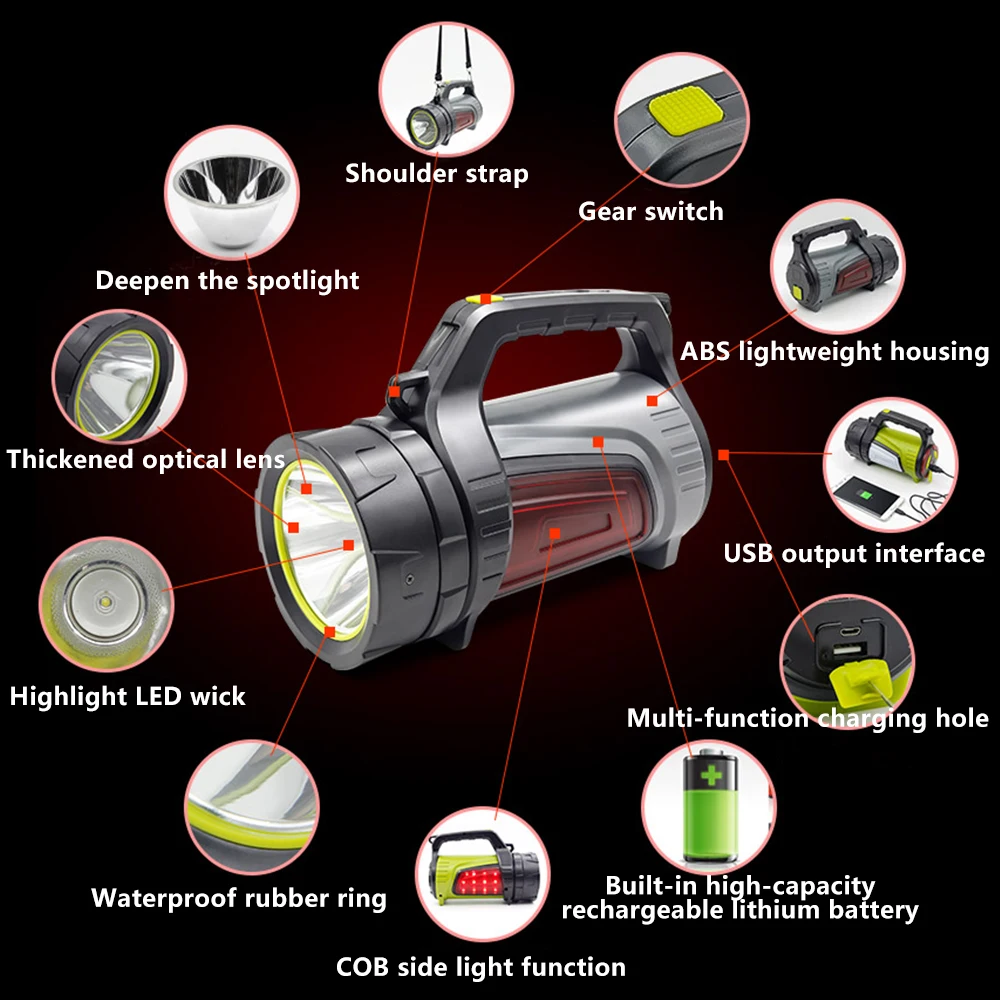 Most Powerful Rechargeable Searchlight LED Flashlight Handle Spot light Ultra-long Standby Torch with USB OUTPUT Power Reserve