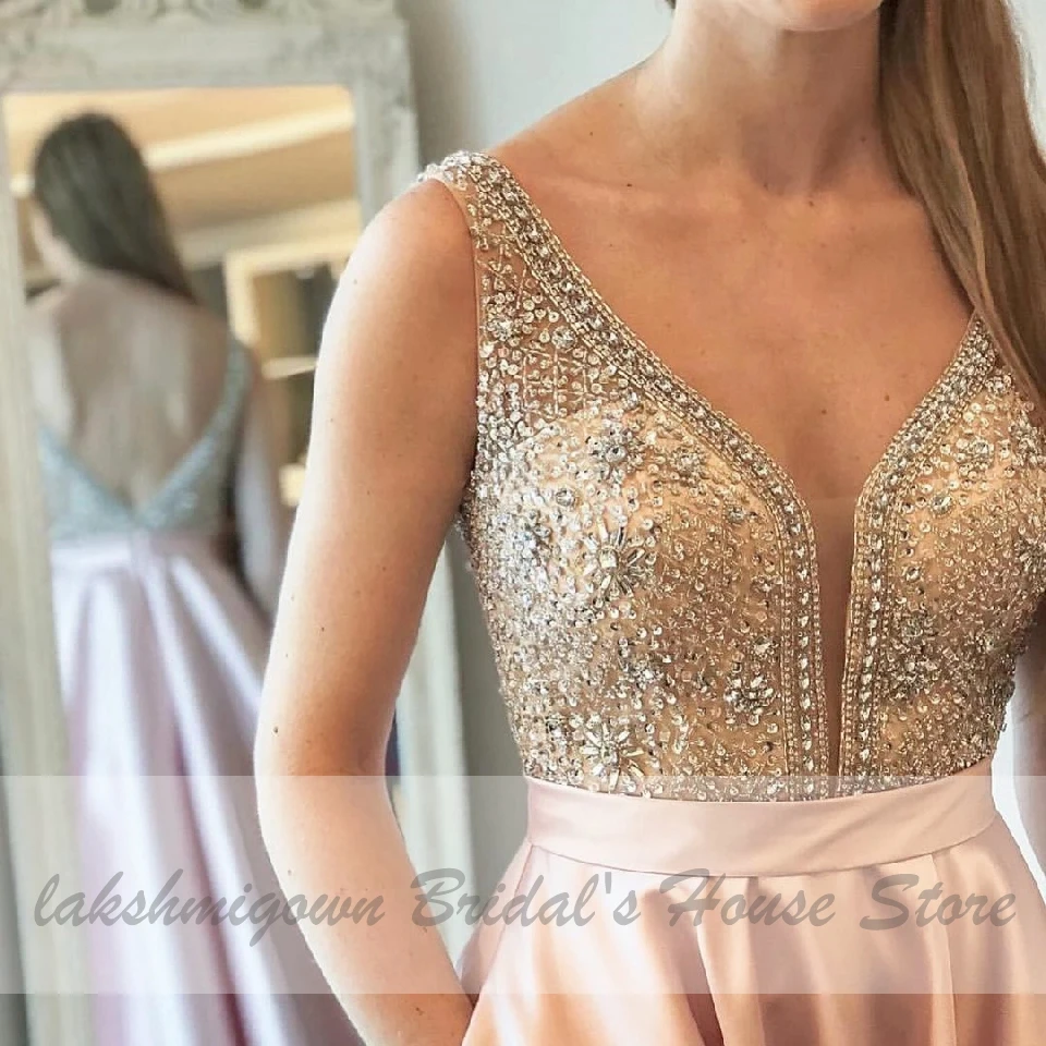 Vestidos de Gala, атласное платье, вечерние платья,, Элегантное длинное женское розовое платье для выпускного вечера с карманами, топ со стразами и бисером