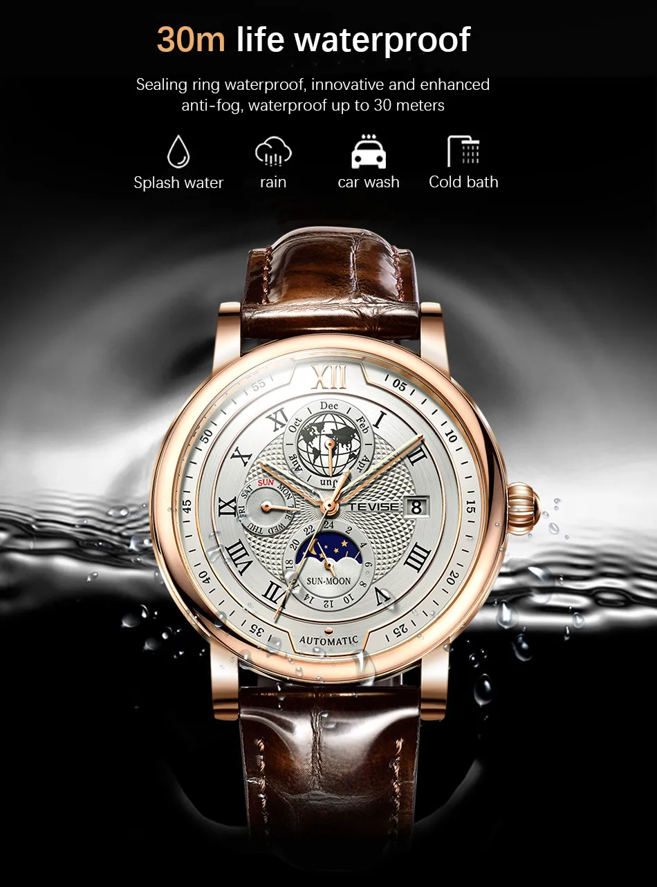 2021 New TEVISE Mens Mechanical Watches Top Brand Luxury Leather Moon Phase Automatic Watch Men Fashion Sport Waterproof Clock
