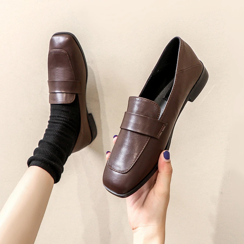 Zapatos marrones Vintage para mujer, mocasines de costura sin cordones de color sólido, de boca poco profunda, con punta cuadrada, elegantes|Zapatos planos de mujer| AliExpress