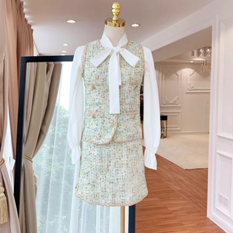 HIGH STREET/Новинка, стильный костюм для подиума, комплект женской блузки с воротником-бабочкой, рубашка, твидовый жилет, комплект с мини-юбкой, комплект из 3 предметов