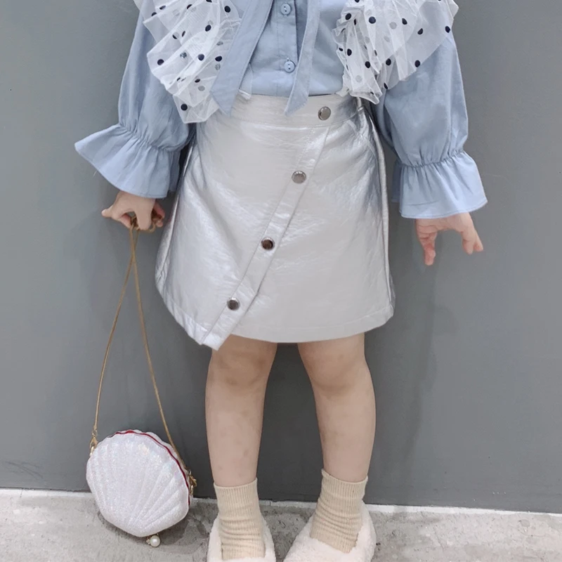 Spring Autumn girls PU skirt baby A line skirt kids skirt children skirt toddler streetwear silver irregular snap 3 to 8 yrs