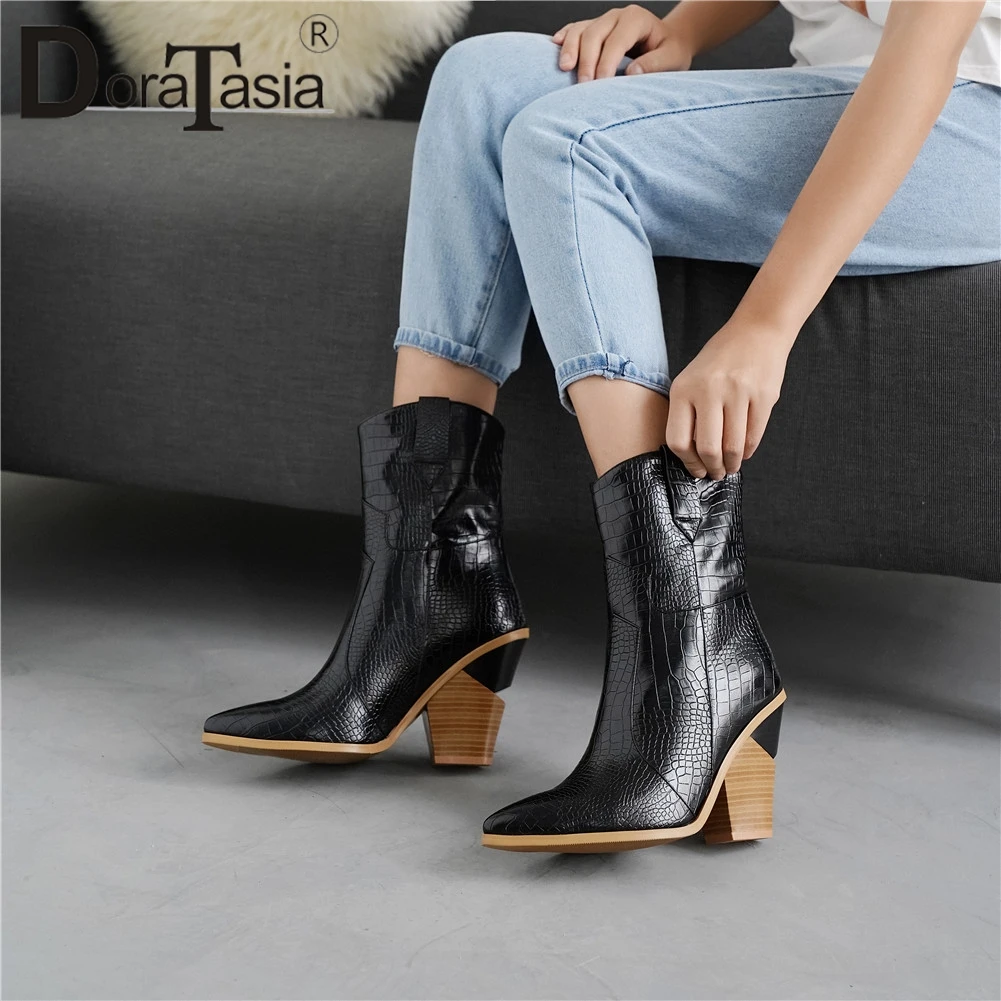 

DORATASIA New Plus Size 33-46 Brand Mid Calf Boots Pointed Toe High Chunky Heels Shoes Woman Party Ol Autumn Winter Boots Women