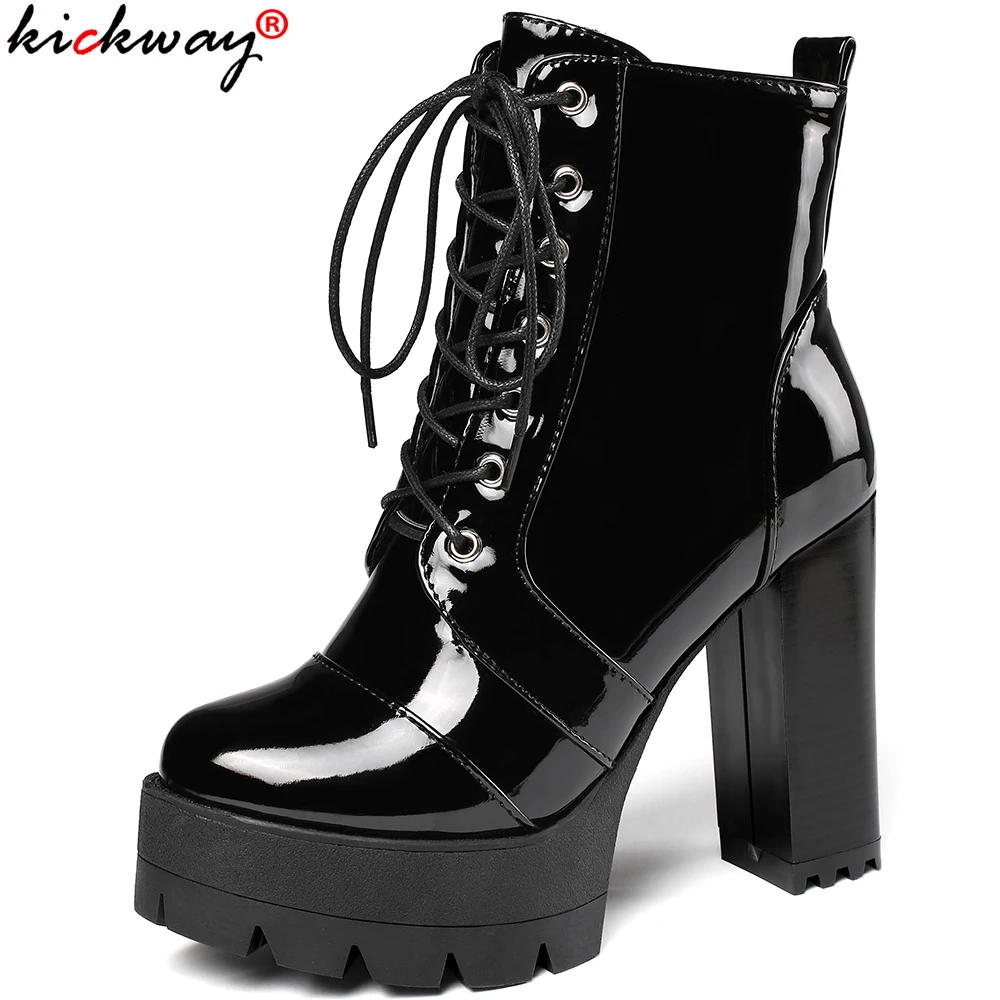 kickway Wholesale Autumn Ankle Boots For Women Motorcycle Chunky Heels Casual Lacing Round Toe Platform Shoes Female | Обувь