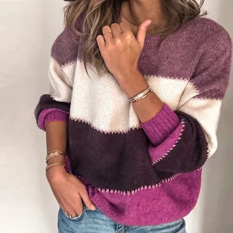 Женский свитер с круглым вырезом, модный джемпер в стиле пэчворк с длинным рукавом, осенний зимний свитер, пуловер, женские теплые вязаные свитера