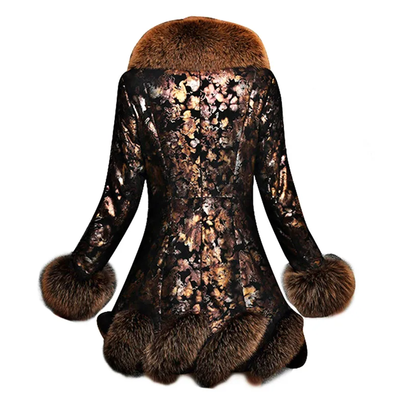 multi-color leather printed leather down jacket female long section fox fur sheep skin Slim autumn and winter new style