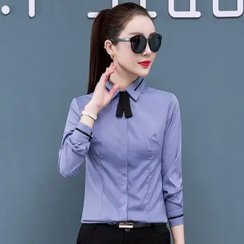 

Gray professional shirt women long sleeves 2020 spring and autumn new fashion doll collar base white shirt overalls