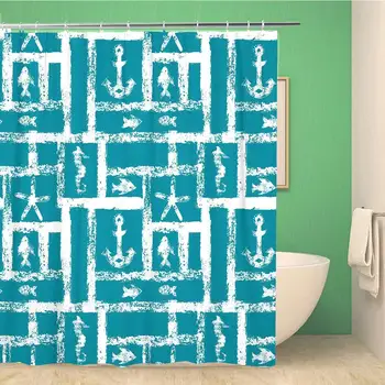

Bathroom Shower Curtain Navy Nautical Blue and White Lattice Anchor Star Seahorse Polyester Fabric Waterproof Bath Curtain Set