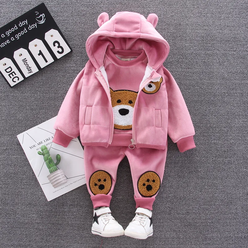 baby outfit matching set Baby clothes winter thick warm suit cartoon bear hooded sweater baby boy baby girl fleece children gold velvet three-piece suit best Baby Clothing Set