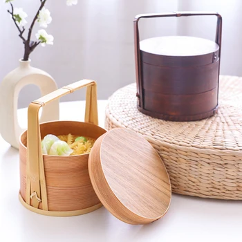 

Double-layer Portable insulated Lunch Box Solid Wooden Picnic Lunch Box Retro Multi-layer Japanese Portable Sushi Bento Box