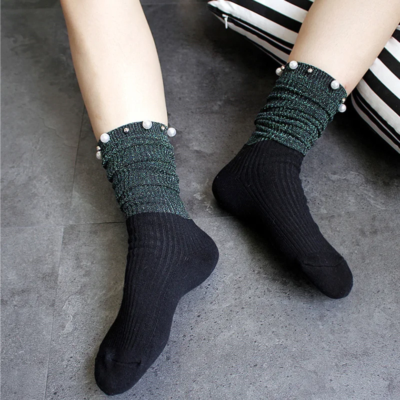 Женские блестящие блестящая жемчужина носки, модные женские блестящие однотонные носки, красивые носки с заклепками для девочек на весну и осень