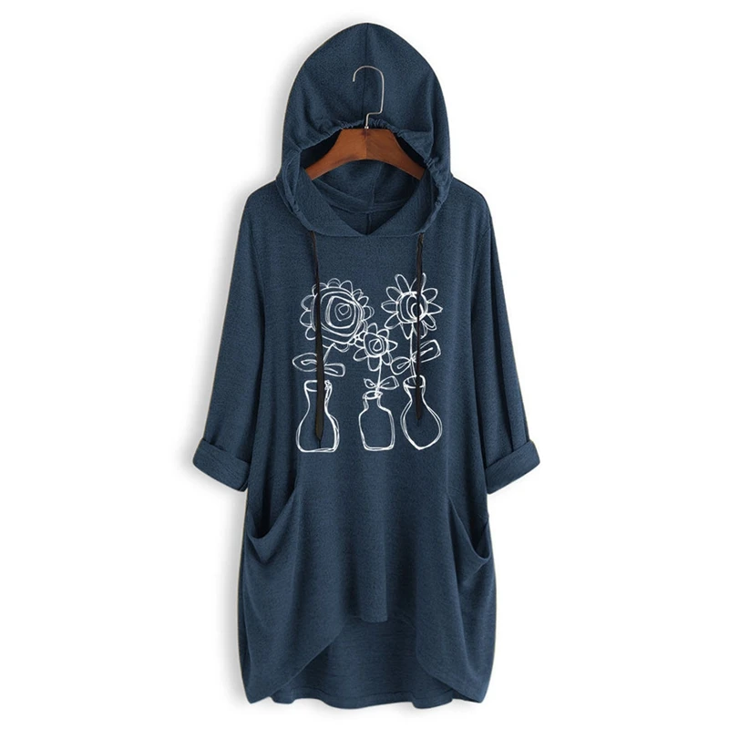 Осенняя модная Толстовка большого размера Женская 3XL 4XL 5XL 6XL 7XL бюст 130 см длинный рукав карман с принтом худи неправильной формы