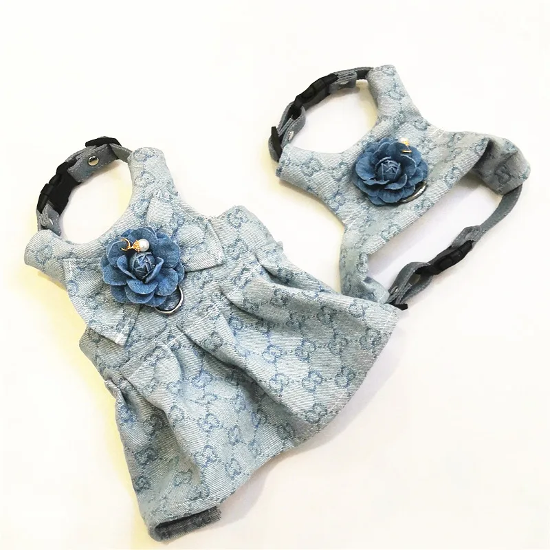 

Fashion Dog Cat Harness Pet Adjustable Vest Puppy Denim Flower Printing Harness Leash for Small Doges