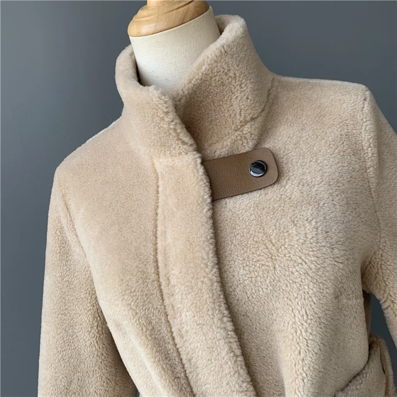 Длинное пальто из натурального овечьего меха, женская зимняя теплая куртка из натурального овечьего меха, Женское пальто из шерсти