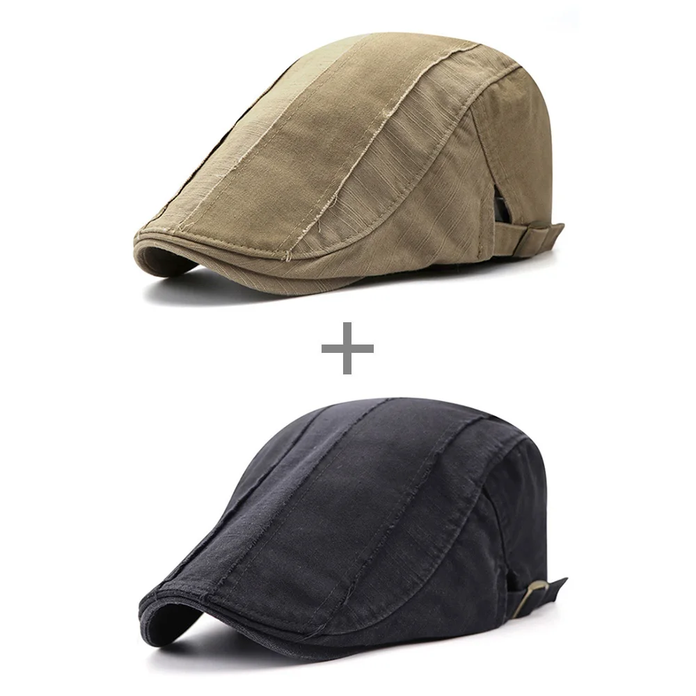 [AETRENDS] Man Hat Cotton Washed Plain Berets Flat Cap Ivy Newsboy Gatsby Cabbie Beret Hats Z-6525 - Цвет: Khaki and Black