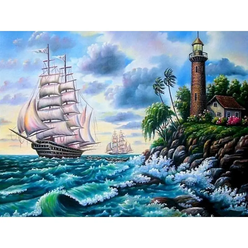 Sailing Ship Painting By Numbers Passing Lighthouse Hobby Paint