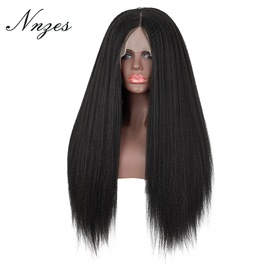 Nnzes Yaki Straight Lace Front Wigs Long Black Synthetic Daily Used For